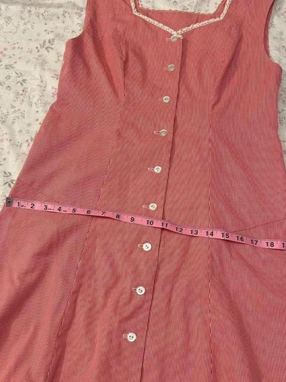 Vintage 50s Day Dress Drop Waist Sweetheart Neckline Lace Button Up Red Striped - Picture 8 of 8